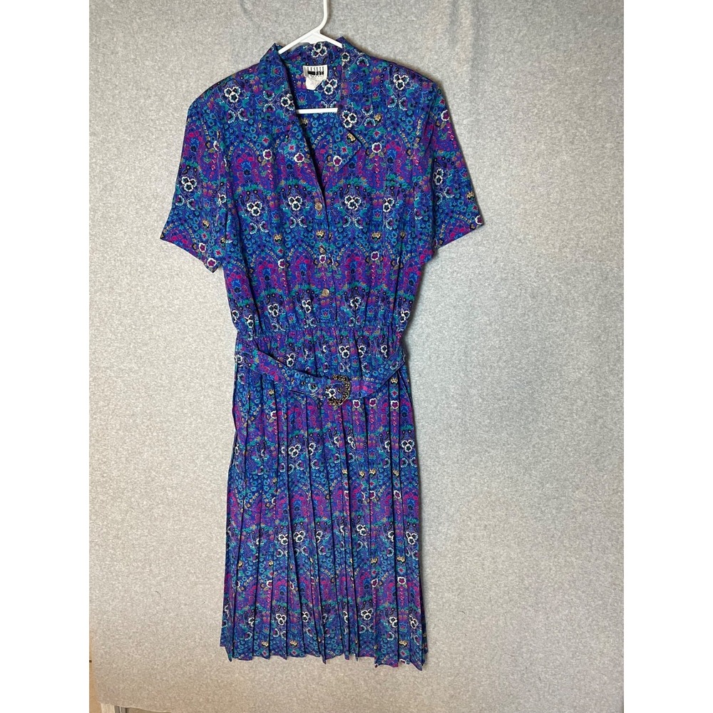 Vintage Lesley Fay Midi Dress Womens 14 Shirt‎ Dress Colorful Pleats Floral Belt
